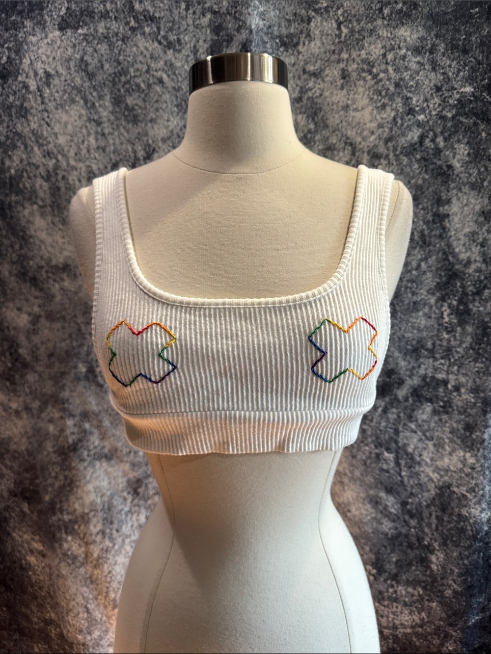 Upcycled White Ribbed Bralette with Hand Embroidered Rainbow Stitching